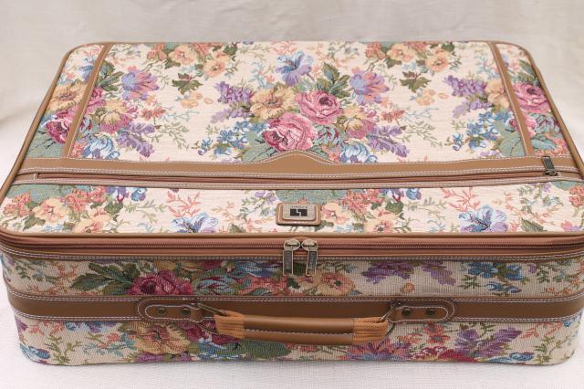 80s vintage floral tapestry suitcases, satchel, train case carry on, Leisure luggage set