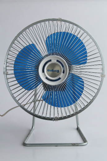 80s vintage Galaxy fan with blue plastic fan blades, retro Galaxy floor fan