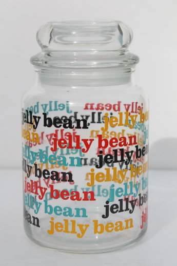80s vintage jelly bean glass candy jar, retro glass canister for jelly beans