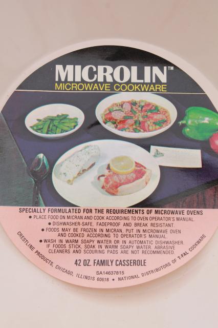 80s vintage microwave oven cookware, new old stock unused bowls Microlin labels
