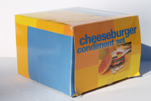 90s retro plastic Hamburger condiment dish for ketchup, mustard, relish - mint in box
