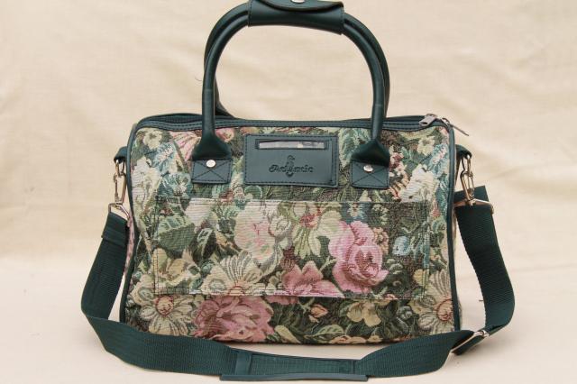 90s vintage Atlantic floral tapestry luggage, carry on suitcase overnight travel bag purse 