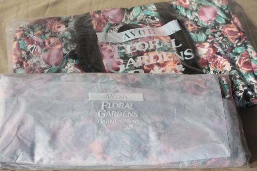 90s vintage Avon flowered print cotton travel bag set, carry on duffel tote & hanging garment bag