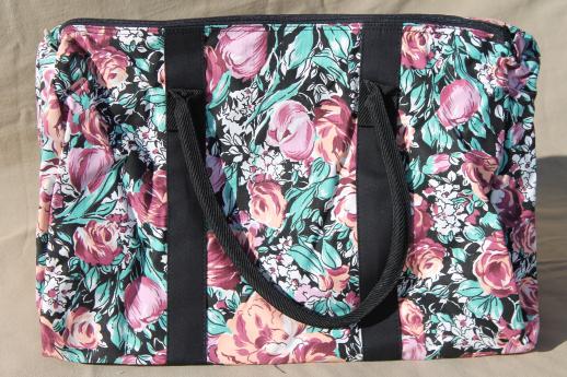 90s vintage Avon flowered print cotton travel bag set, carry on duffel tote & hanging garment bag