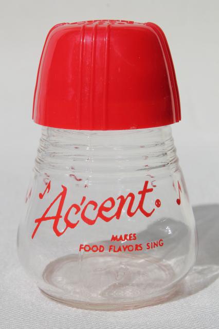 Accent shaker jar, vintage glass spice jar w/ red plastic shaker top lid