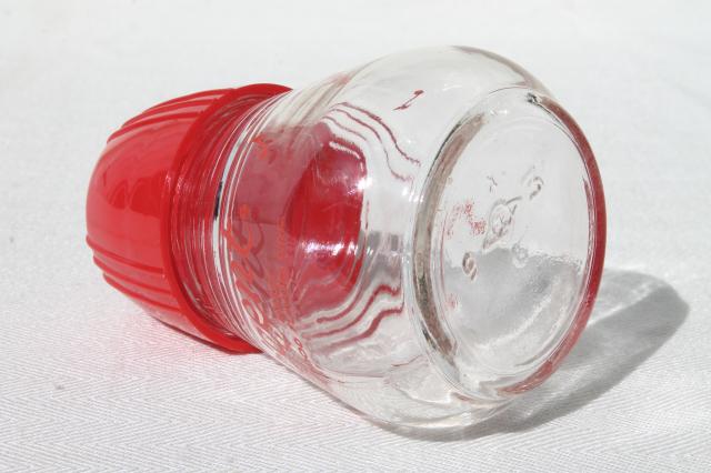 Accent shaker jar, vintage glass spice jar w/ red plastic shaker top lid