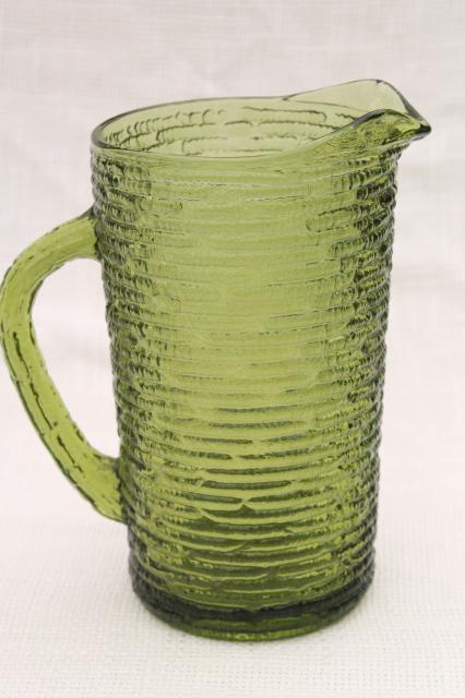 Anchor Hocking Soreno bark texture crinkle glass pitcher, 60s vintage avocado green glassware