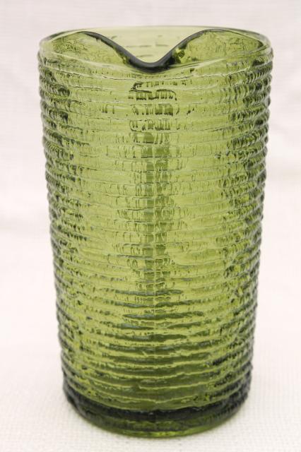 Anchor Hocking Soreno bark texture crinkle glass pitcher, 60s vintage avocado green glassware
