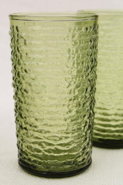 Anchor Hocking Soreno Bark Texture Crinkle Glass Tumblers 60s Vintage Avocado Green Drinking Glasses