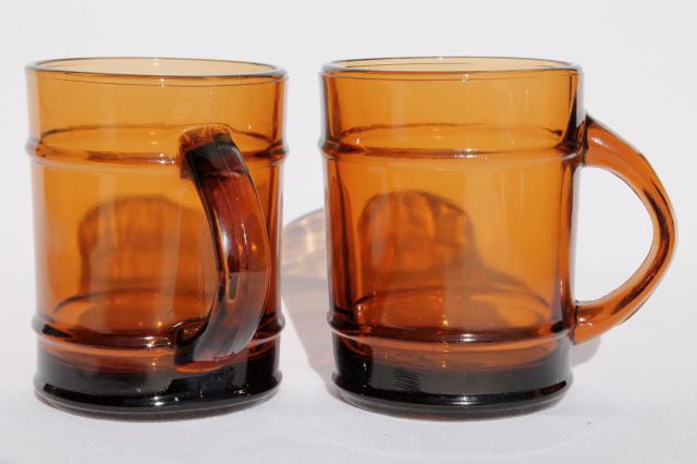 Anchor Hocking oven proof ranger brown glass barrel mugs, root beer color clear glass 