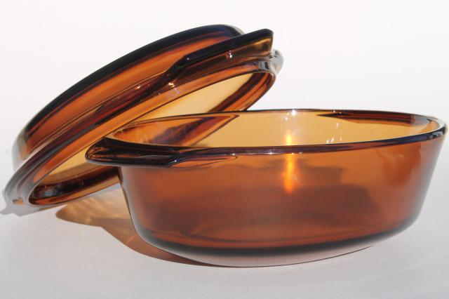 Anchor Hocking visions amber brown glass casserole w/ lid, 1.5 qt or lt #433