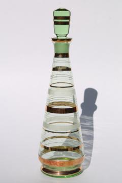 Art deco vintage green glass decanter bottle w/ gold band decoration, Czech or Japan?