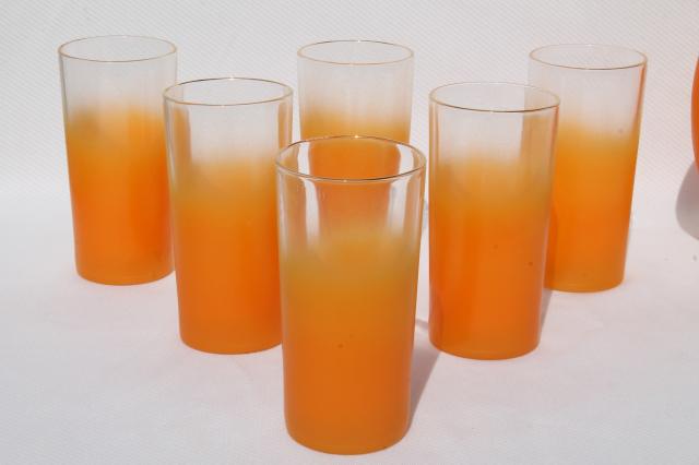 Blendo orange fade frosted glass pitcher & drinking glasses, vintage lemonade or cocktail set