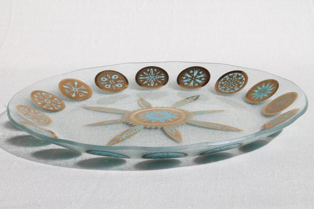Briard vintage aqua / gold roly poly glasses & bent formed glass trays, mid-century modern