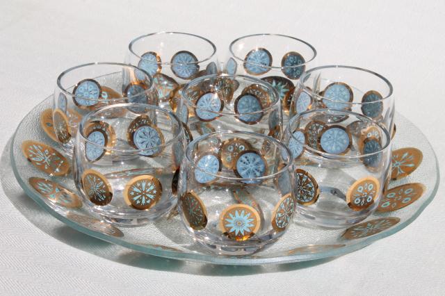 Briard vintage aqua / gold roly poly glasses & bent formed glass trays, mid-century modern