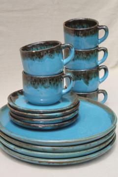 California Rustic vintage stoneware pottery dishes, ocean blue w/ copper brown drip glaze