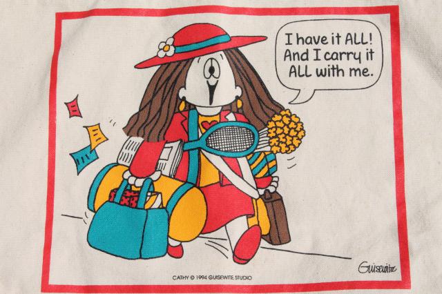 Cathy comic strip character canvas tote bag, Have it all and carry it all with me!