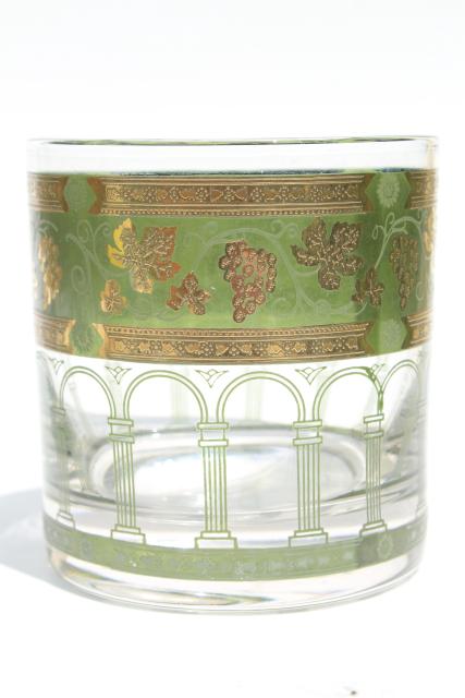 Cera Golden Grapes gold green old fashioned lowball tumblers, vintage drinking glasses