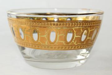 Culver Antigua encrusted gold band glass dip bowl, vintage mid-century mod glassware