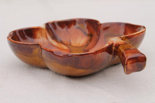 Dryden pottery vintage four leaf clover lucky shamrock bowl w/ amber brown drip glaze