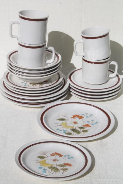 Early Summer retro flowers stone china, vintage Japan stoneware dinnerware set for 4