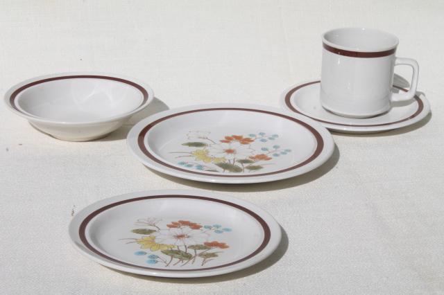 Early Summer retro flowers stone china, vintage Japan stoneware dinnerware set for 4