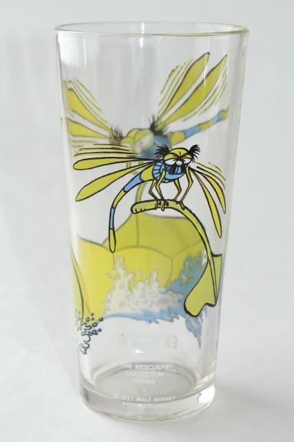 Evinrude dragonfly 70s vintage Pepsi glass, Disney The Rescuers 