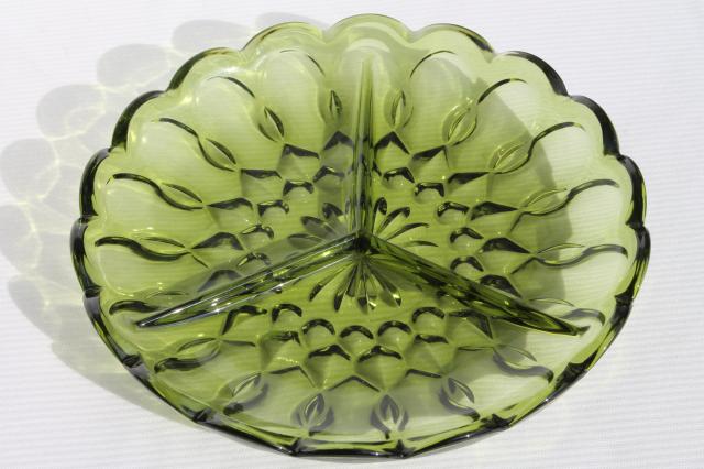 Fairfield Anchor Hocking glass relish tray, 60s retro verde green divided dish