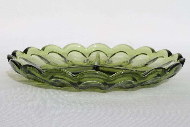 Fairfield Anchor Hocking glass relish tray, 60s retro verde green divided dish