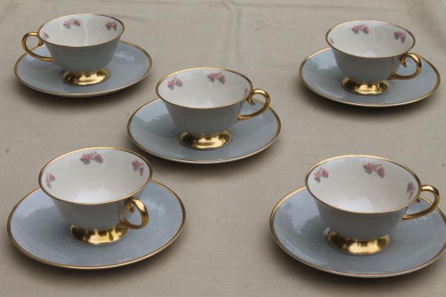 Flintridge twilight grey & pink floral china cups & saucers, mid-century vintage