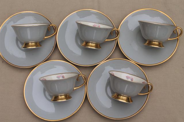 Flintridge twilight grey & pink floral china cups & saucers, mid-century vintage