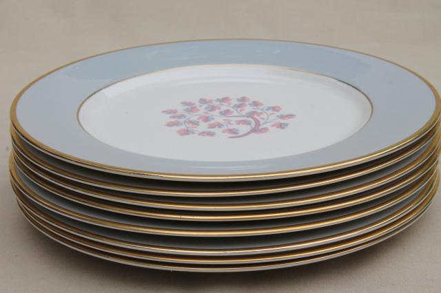 Flintridge twilight grey & pink floral china dinner plates, mid-century vintage