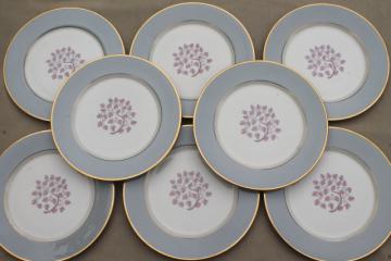 Flintridge twilight grey & pink floral china dinner plates, mid-century vintage
