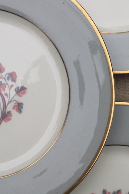 Flintridge twilight grey & pink floral china salad plates, mid-century vintage