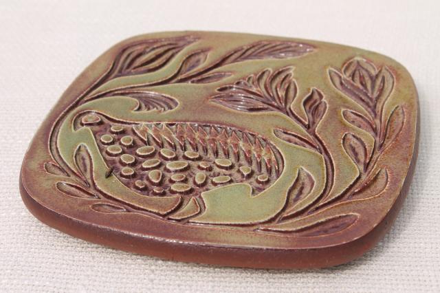 Friley - Fistick Kilnforms art pottery tile trivet, mid-century vintage quail bird design