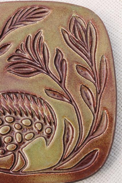 Friley - Fistick Kilnforms art pottery tile trivet, mid-century vintage quail bird design