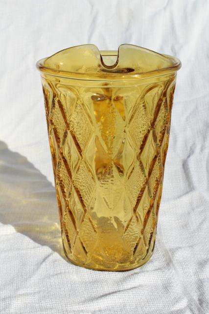 Gemstone diamond pattern vintage Anchor Hocking pitcher, honey gold amber glass