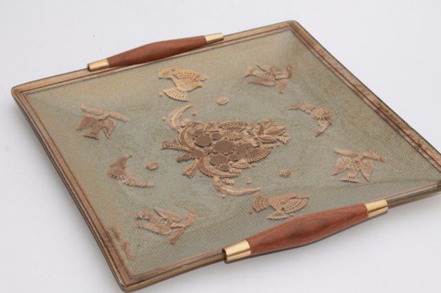 Georges Briard Sonata gold doves formed glass tray w/ wood handles, mid-century mod vintage