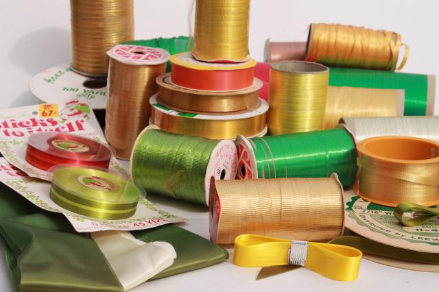 HUGE lot vintage ribbon, retro green gold gift wrap ribbons for garlands, party streamers?