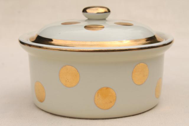 Hall gold dots covered casserole bowl, 50s vintage Eva Zeisel Hall's Superior China