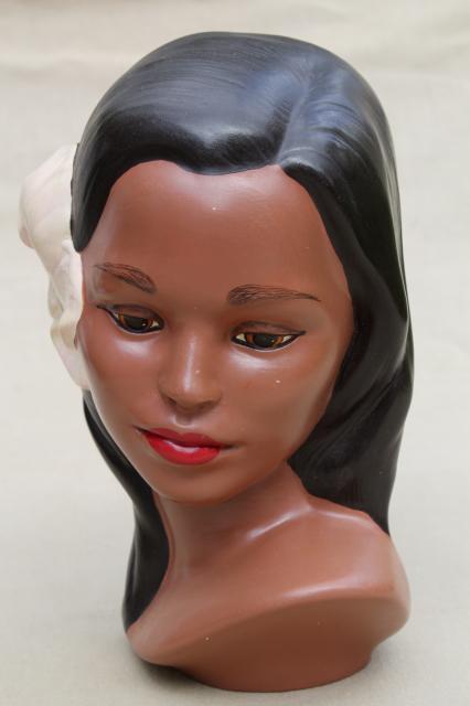 Hawaii or Tahiti polynesian girl w/ tropical flowers, 60s vintage ceramic head statue bust