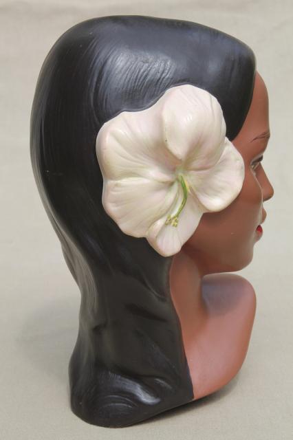 Hawaii or Tahiti polynesian girl w/ tropical flowers, 60s vintage ceramic head statue bust