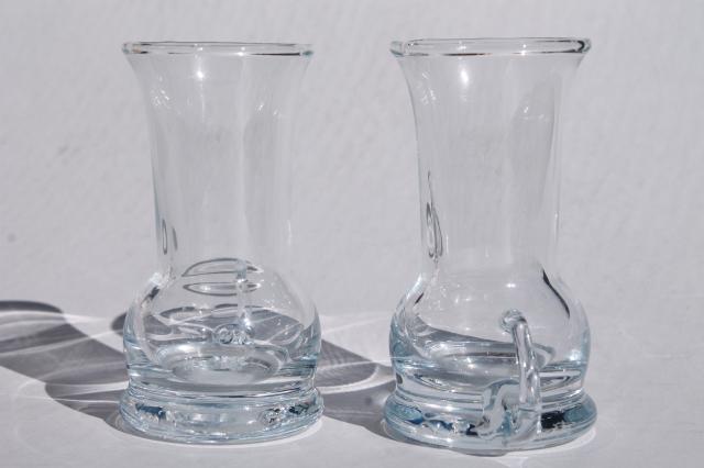 Holmegaard Scandinavian modern weighted bottom vodka shot glasses, hand blown glass handles