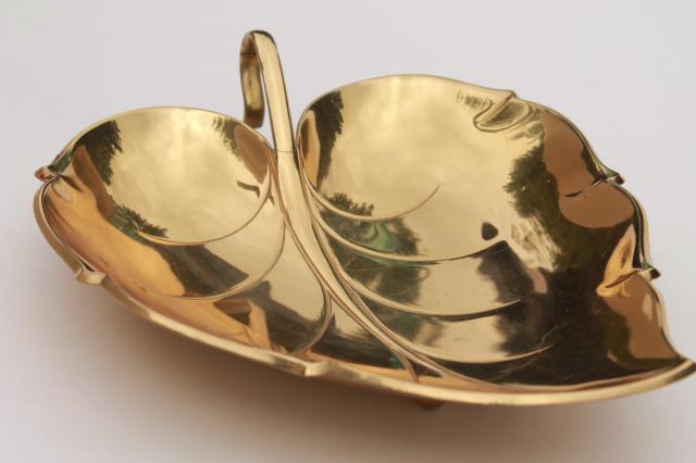 Ikora vintage brass leaf shaped dish or bowl, mid-century modern metalware
