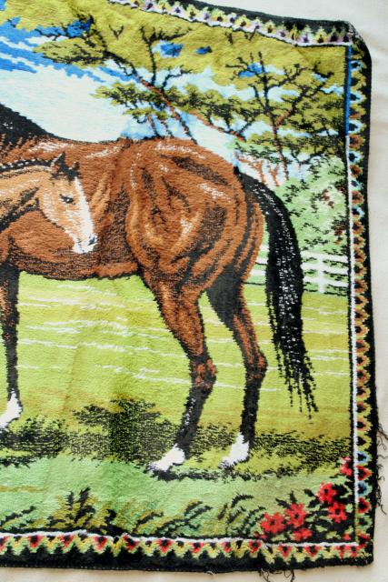 Italian velvet tapestries w/ horses, mustangs, wall hanging rugs for vintage bohemian / western decor