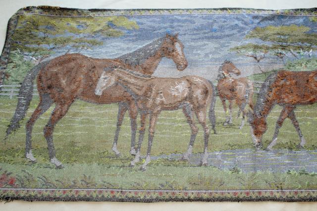 Italian velvet tapestries w/ horses, mustangs, wall hanging rugs for vintage bohemian / western decor