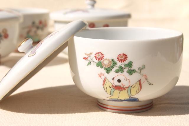 Japanese porcelain teapot on stand & tea bowls set, hand painted vintage Japan