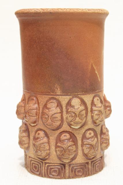 Los Artesanos Puerto Rico hand thrown pottery vase, rustic modern art relief design skull heads 