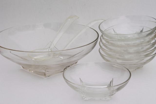 MCM vintage crystal clear glass salad bowls set, Hazel Atlas Colony square