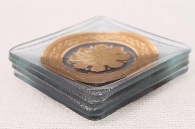 MCM vintage glassware, decorated gold medallion set square plates ashtrays, bent formed glass